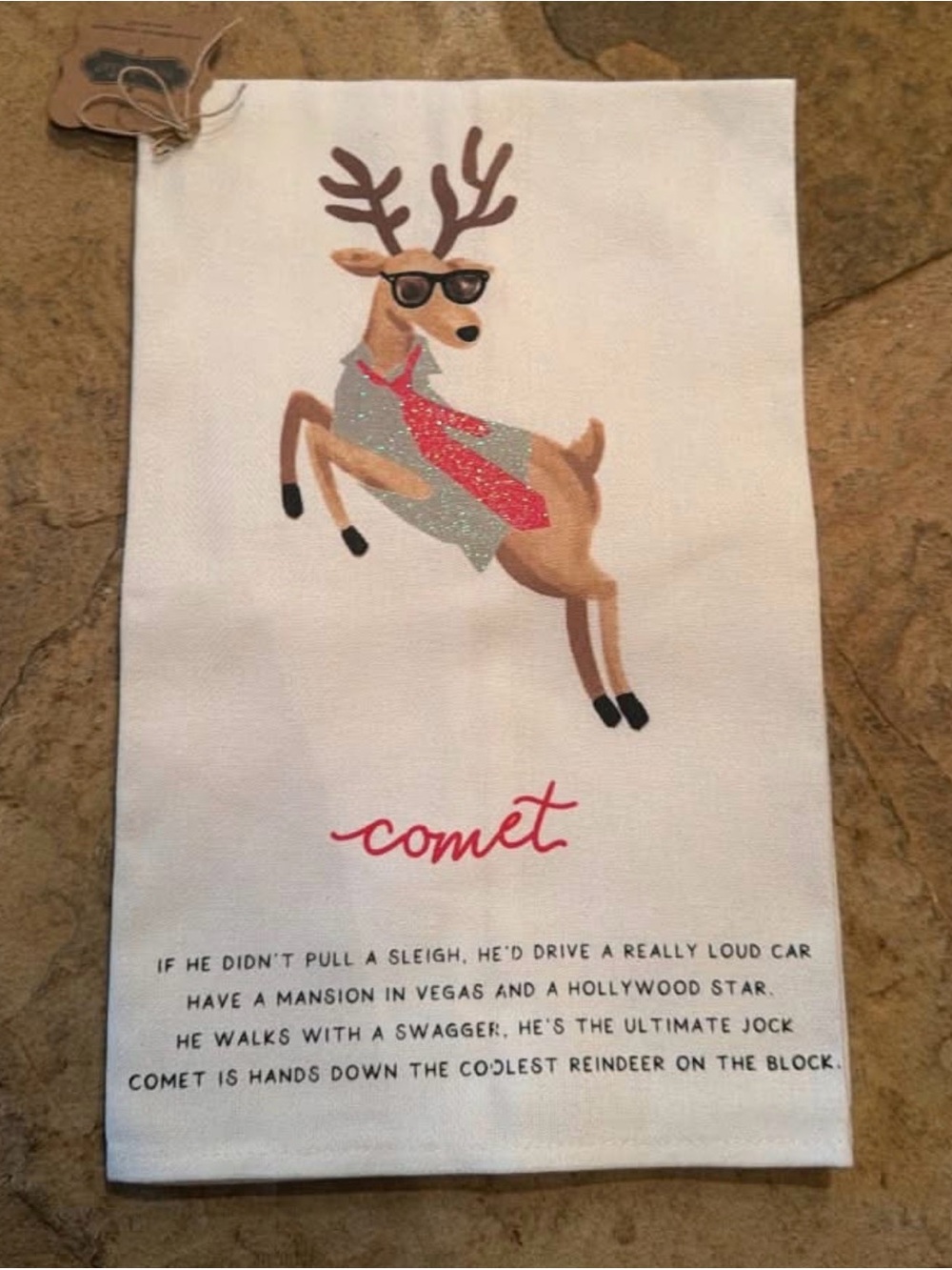 Mud Pie Holiday Reindeer Kitchen Towel - Comet - White with Red and Brown